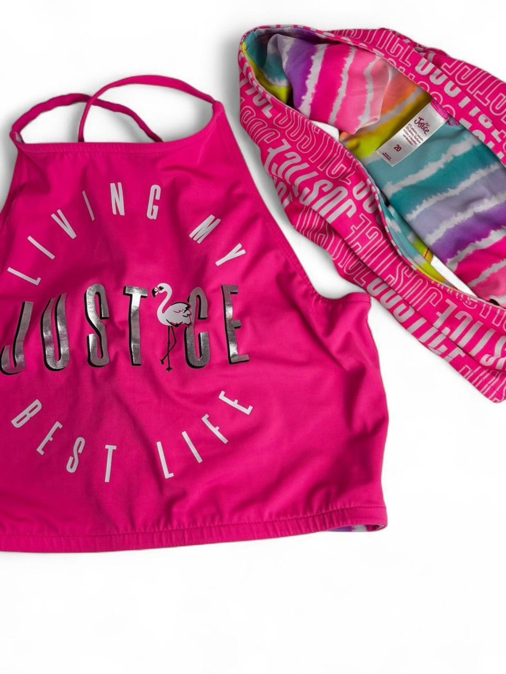 Justice 2 in 1 Reversible Hot Pink Girls Tankini with Multicolor Tie-Dye Bandeau